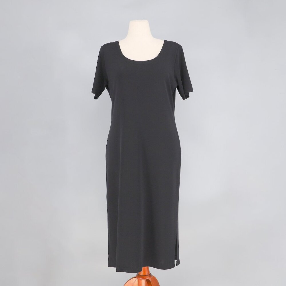 Exclusively Misook Black Knit Midi Dress Size L Short Sleeve Scoop Neck